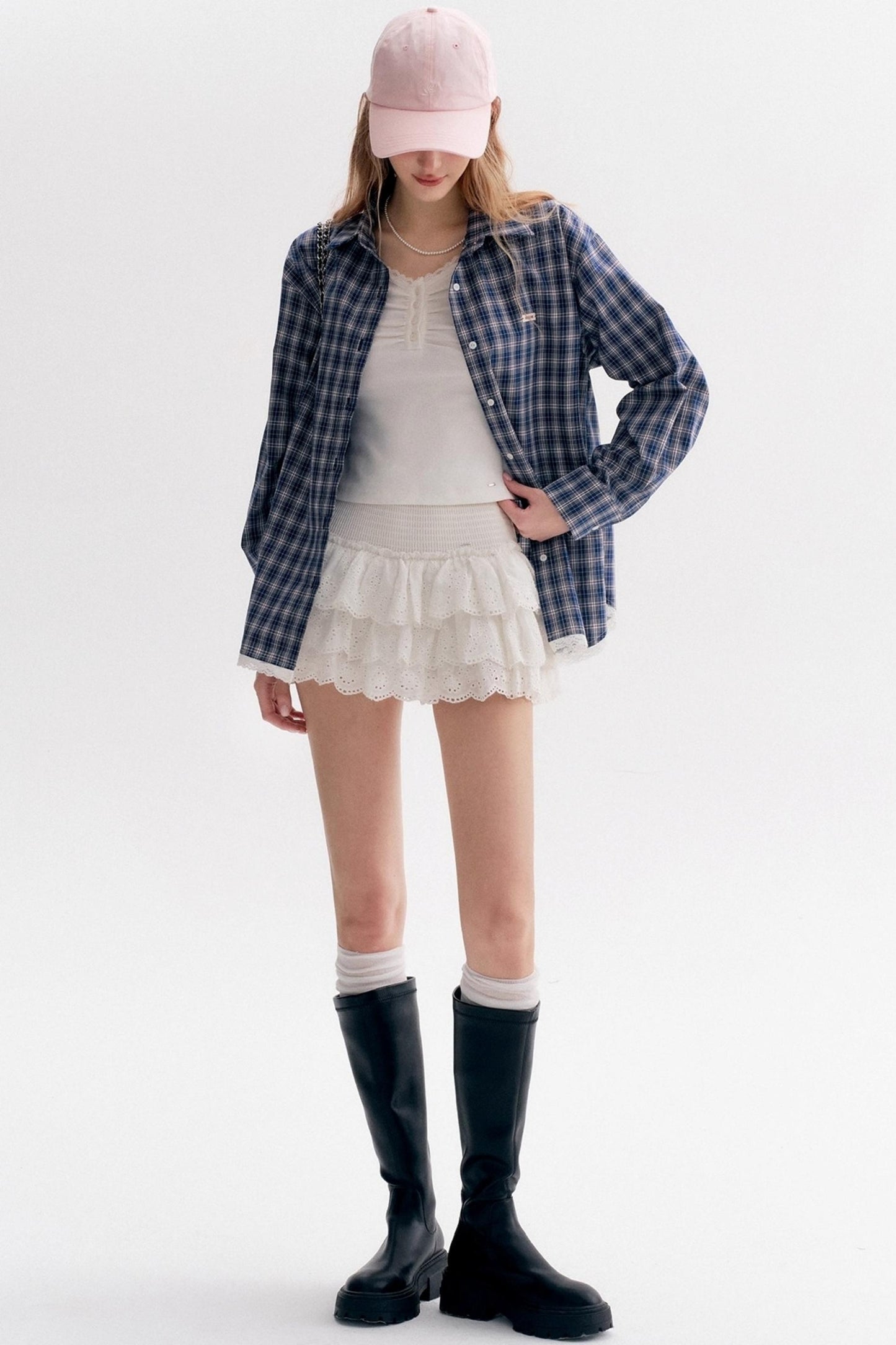 Lace Panel Check Loose Shirt Set-Up