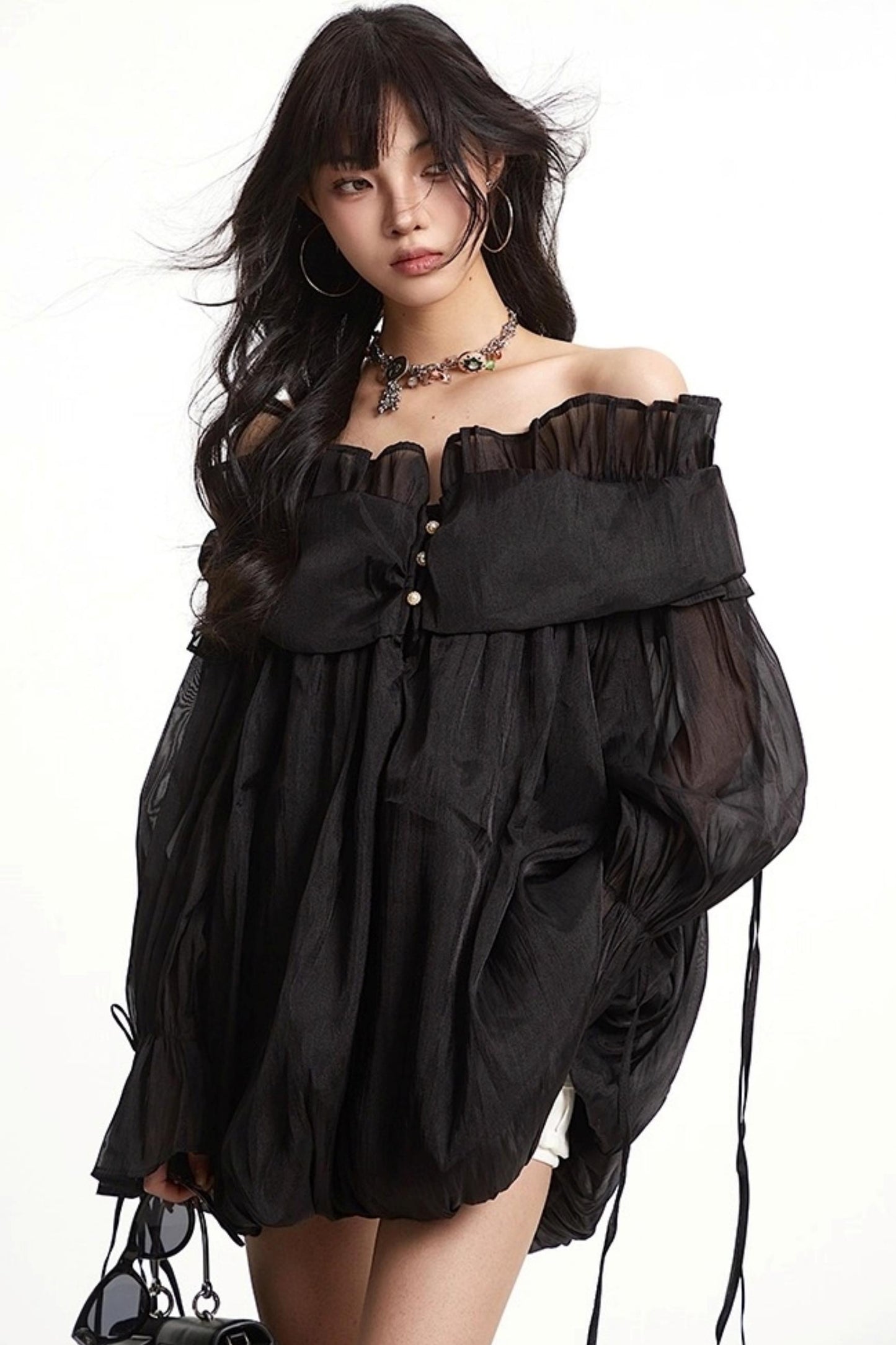 Mesh Ruffled Long Sleeve Dress