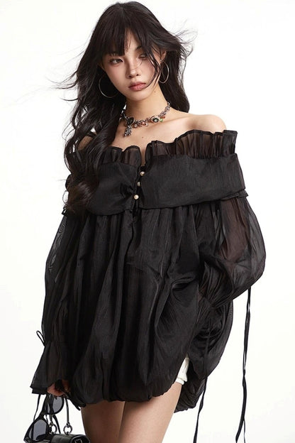 Mesh Ruffled Long Sleeve Dress