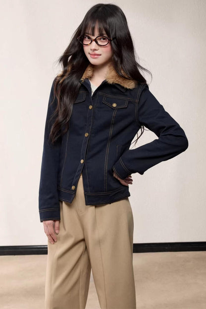 Fur Collar Patchwork Denim Jacket
