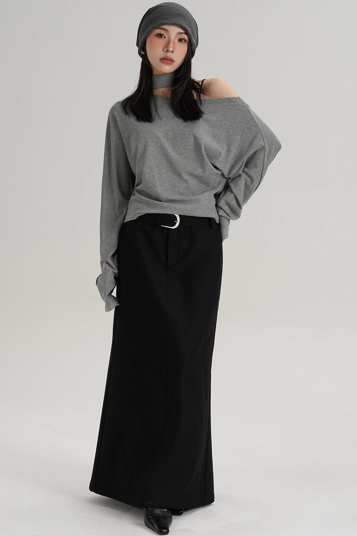 Halterneck Slanted Shoulder Long Sleeve Top