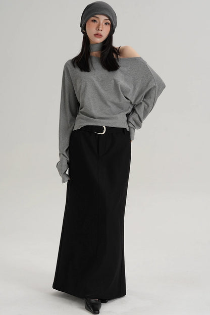 Halterneck Slanted Shoulder Long Sleeve Top
