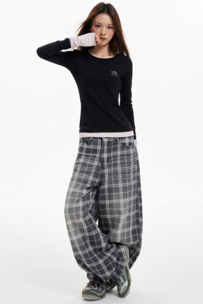 Contrast Fake Two Vintage Long-Sleeve Top