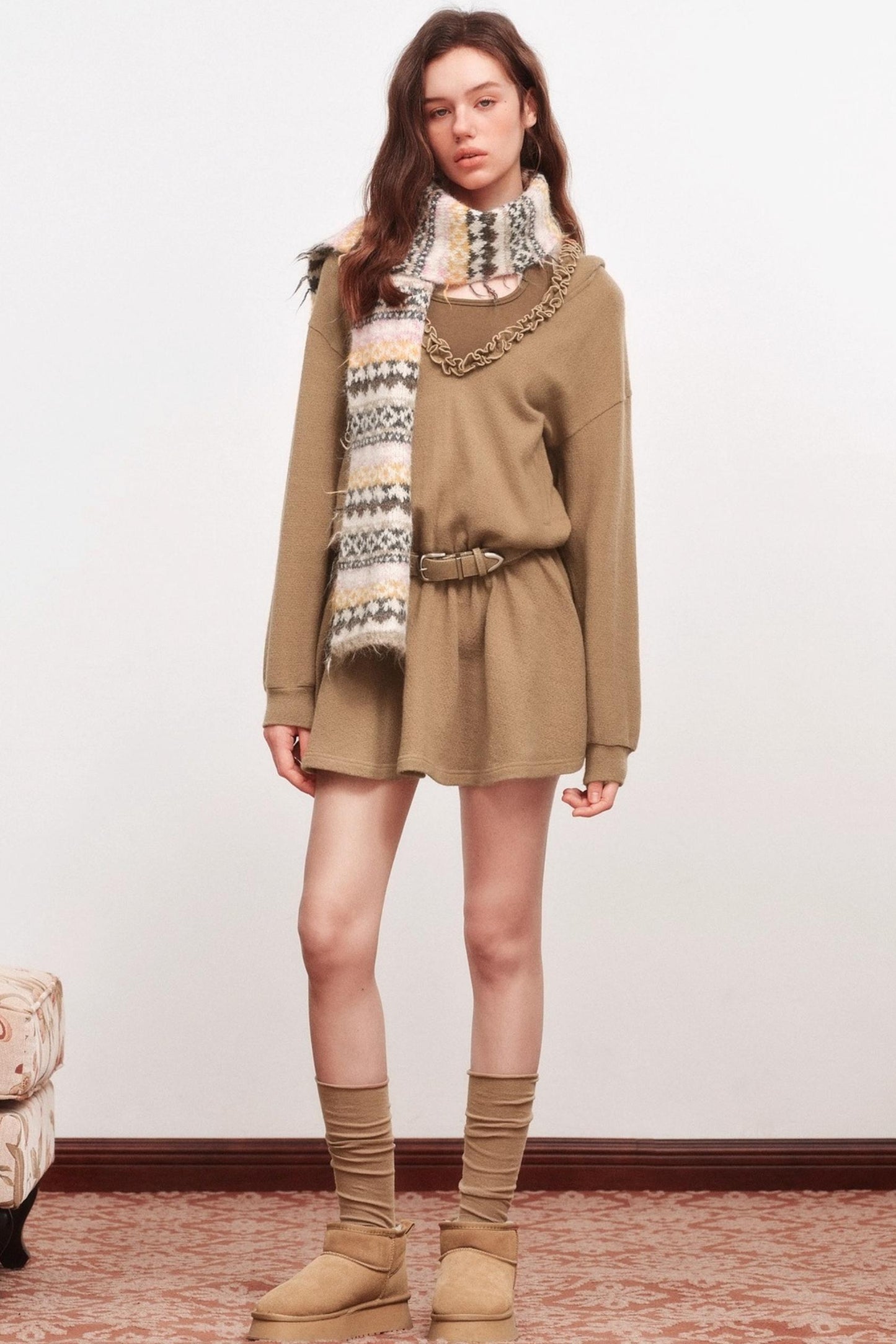 V-Neck Long Sleeve Ruffled Dress