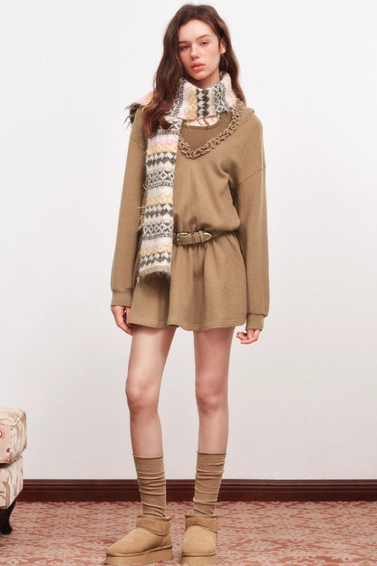 V-Neck Long Sleeve Ruffled Dress