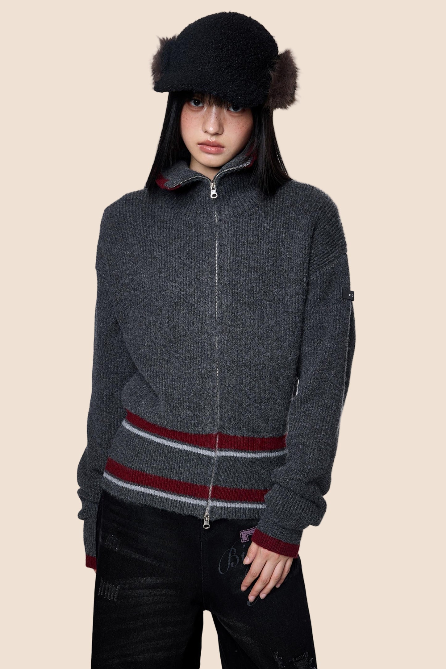 Stand Neck Stripe Sweater Jacket