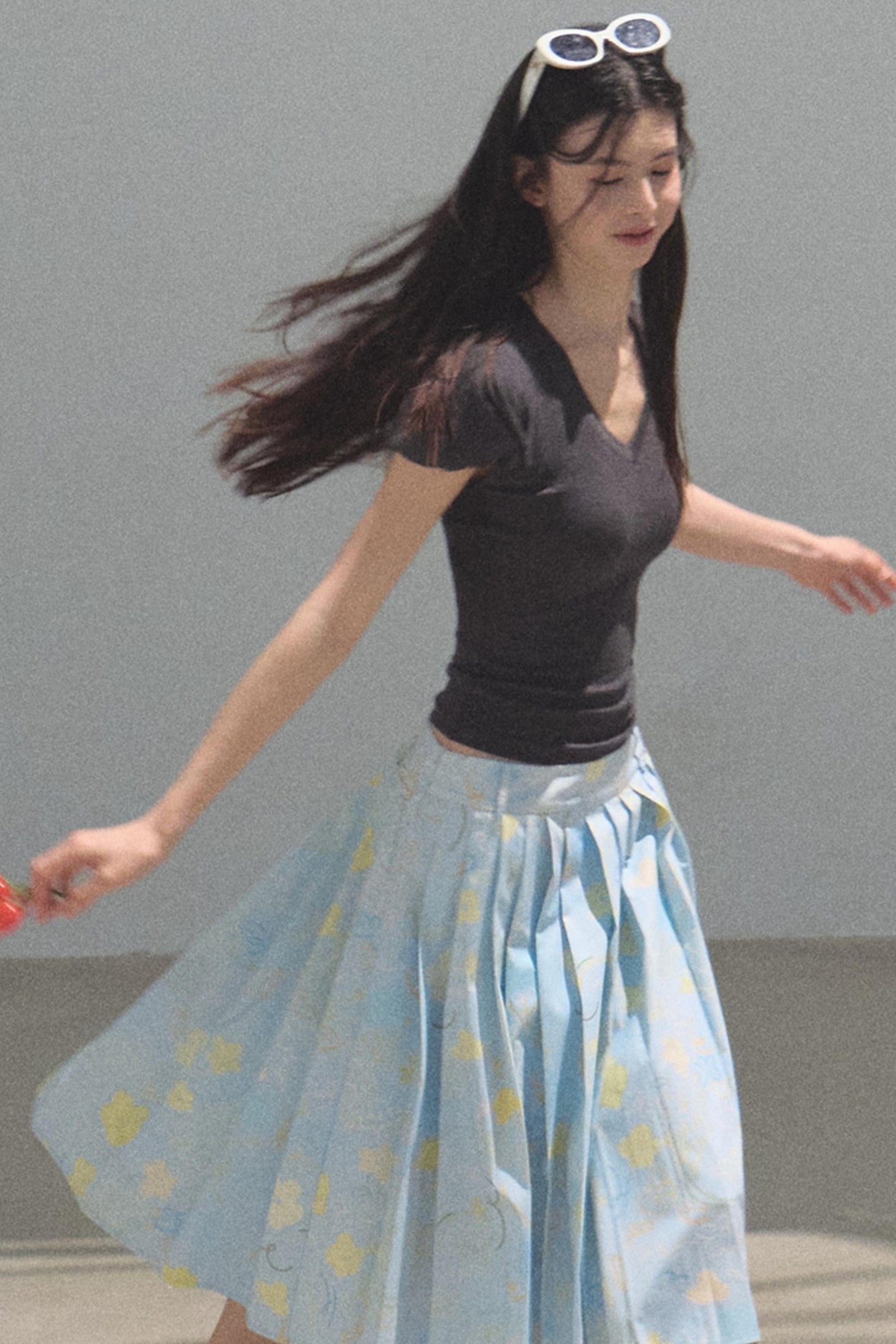 Running Waves Cotton Poplin Pleated Midi Skirt