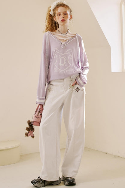 Embroidered Denim Scimitar Pants