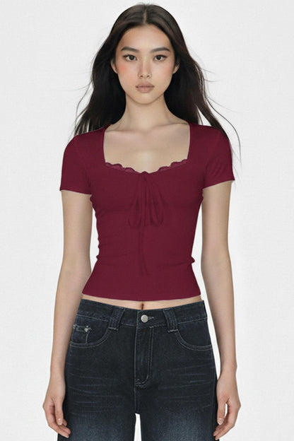 솔리드 레이스 트리밍 크롭 탑