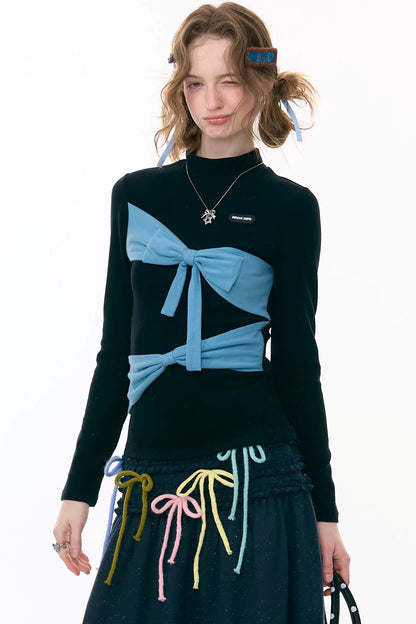 Retro Contrast Bow Knit Top