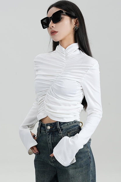 SRYSAME's fashionable design, pleated high-waisted base layer, T-shirt, long-sleeved top, autumn new women's wear