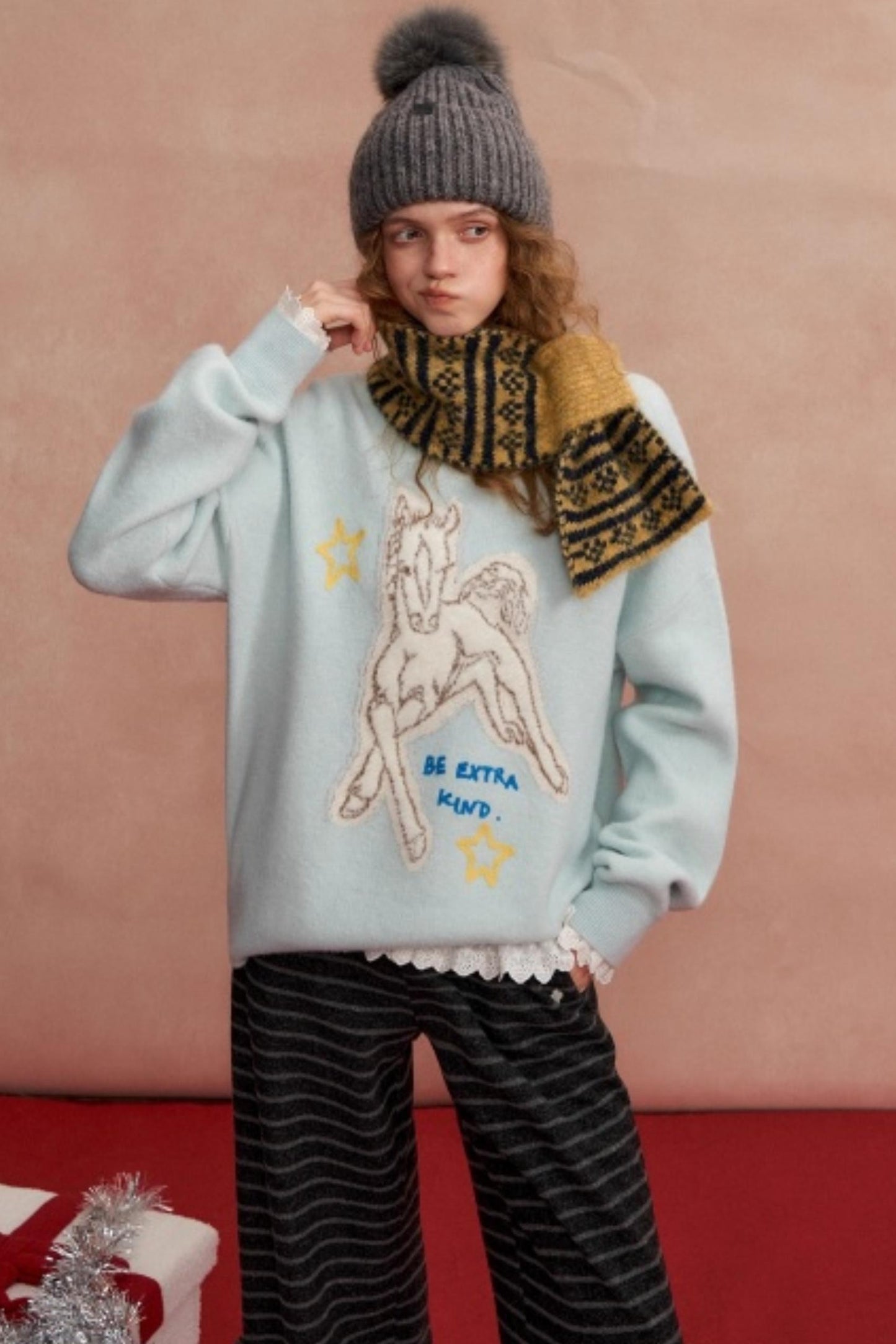 Jacquard Pony Crew Neck Sweater