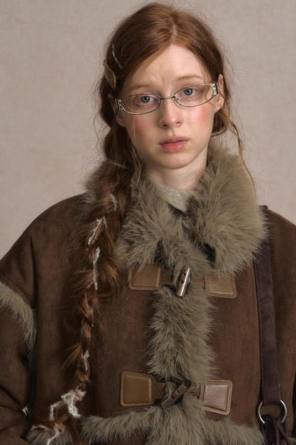 Integrated Fur Collar Horn Button Jacket