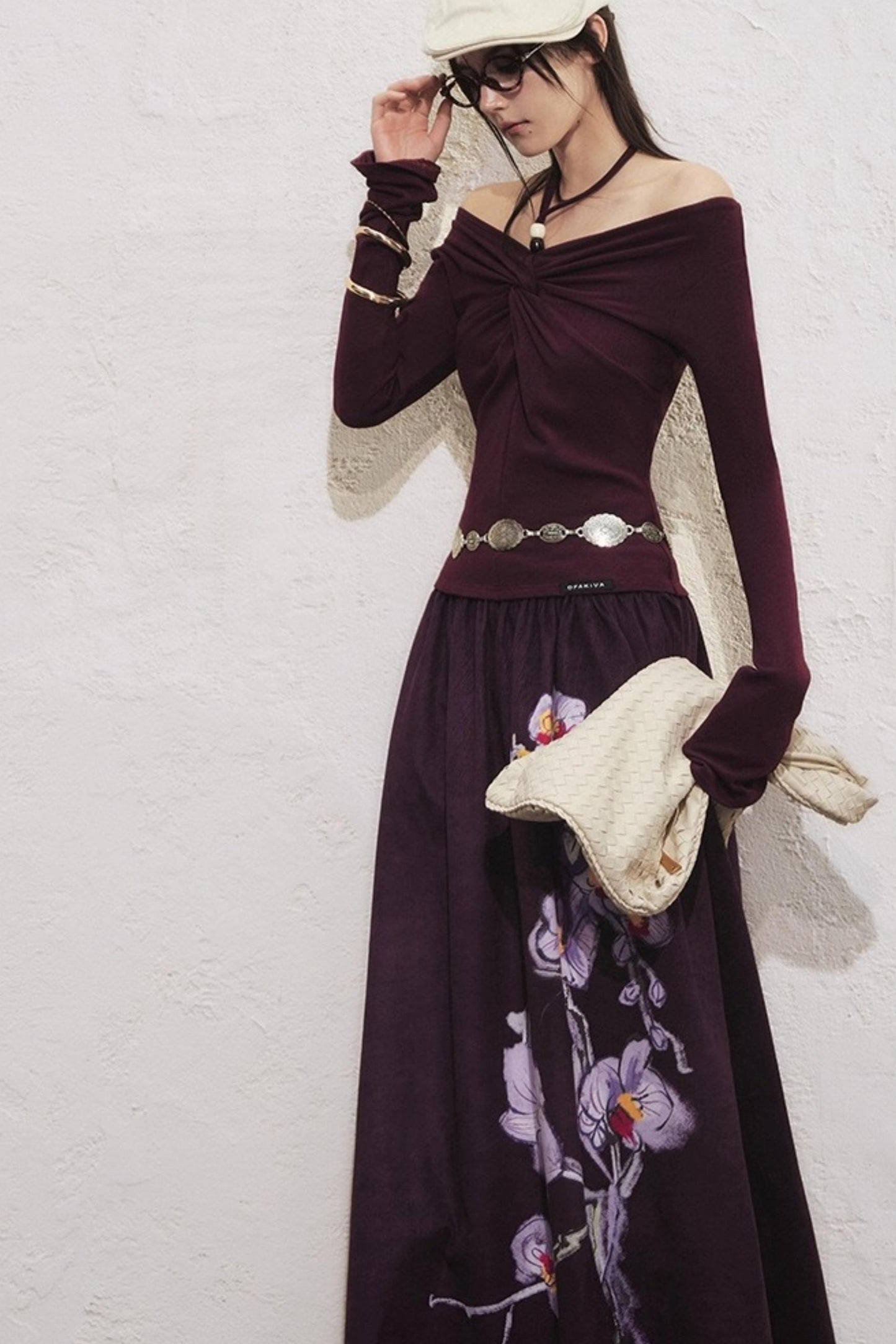 Purple Flower Print Long Skirt
