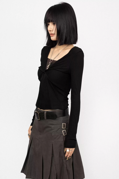 Retro Lace-Up Black Top