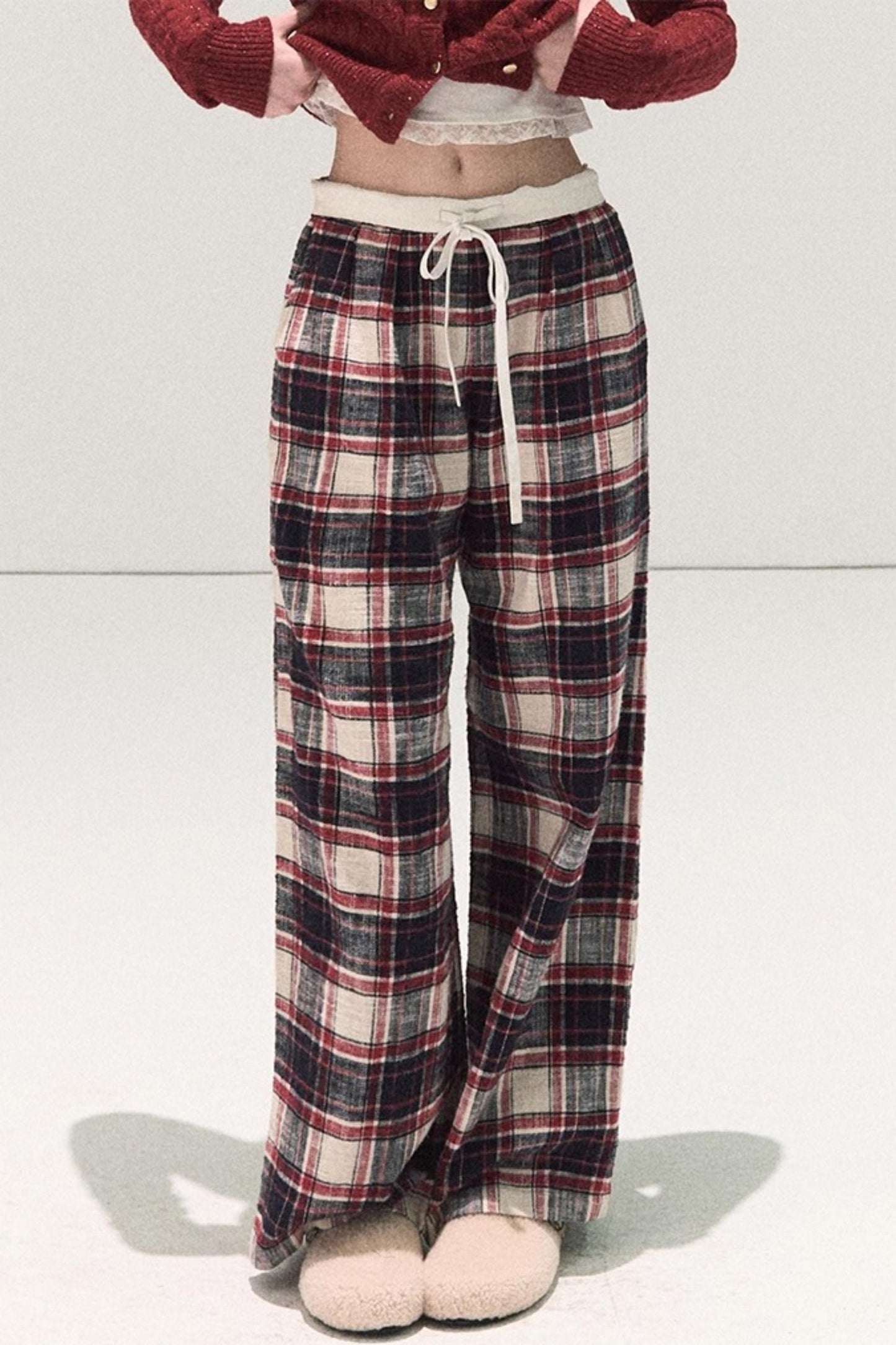 Pure Cotton Plaid Wide-Leg Pants