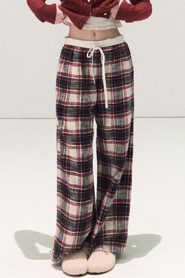 Pure Cotton Plaid Wide-Leg Pants
