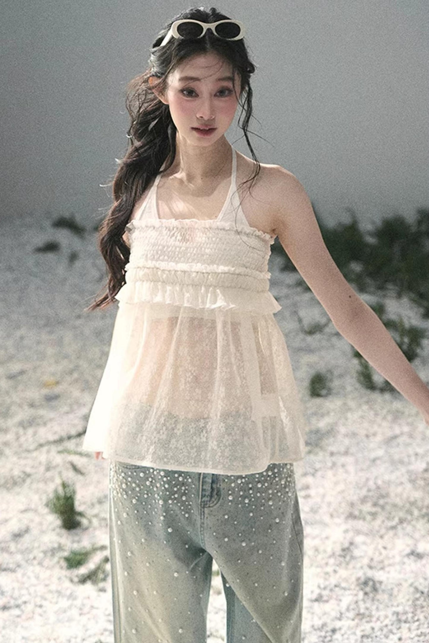 Sheer Lace Floral Top Set