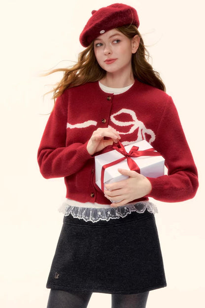 Bow Jacquard Cardigan Sweater