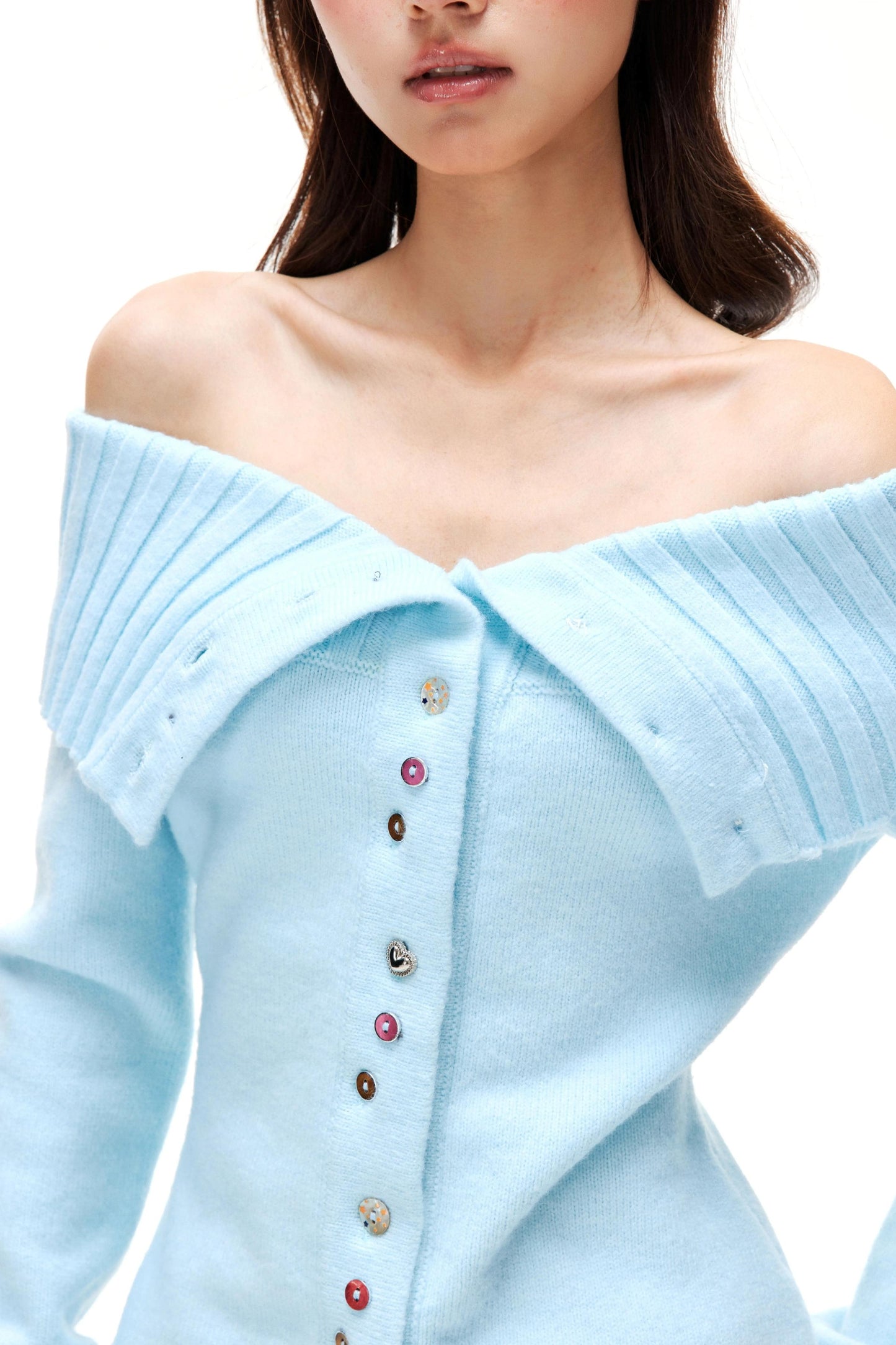 Colorful Button Off-Shoulder Knit Sweater