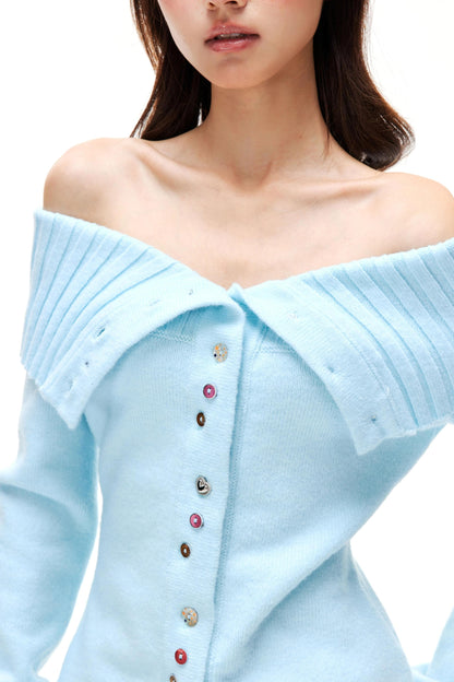 Colorful Button Off-Shoulder Knit Sweater