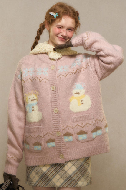 Vintage Snowman Jacquard Knit Cardigan