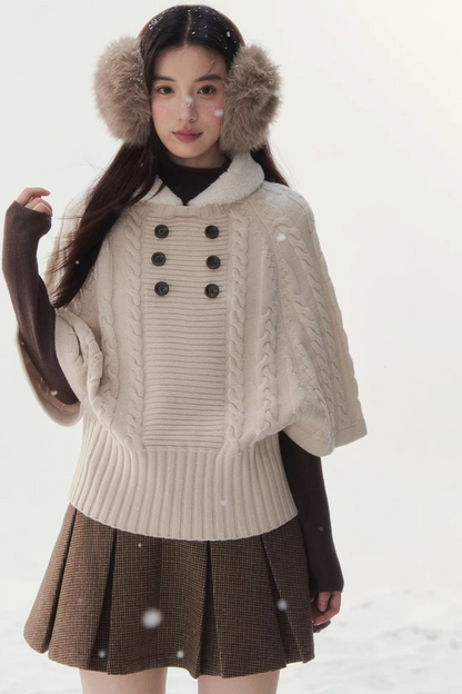 Coffee-Colored Fur Collar Cape Sweater