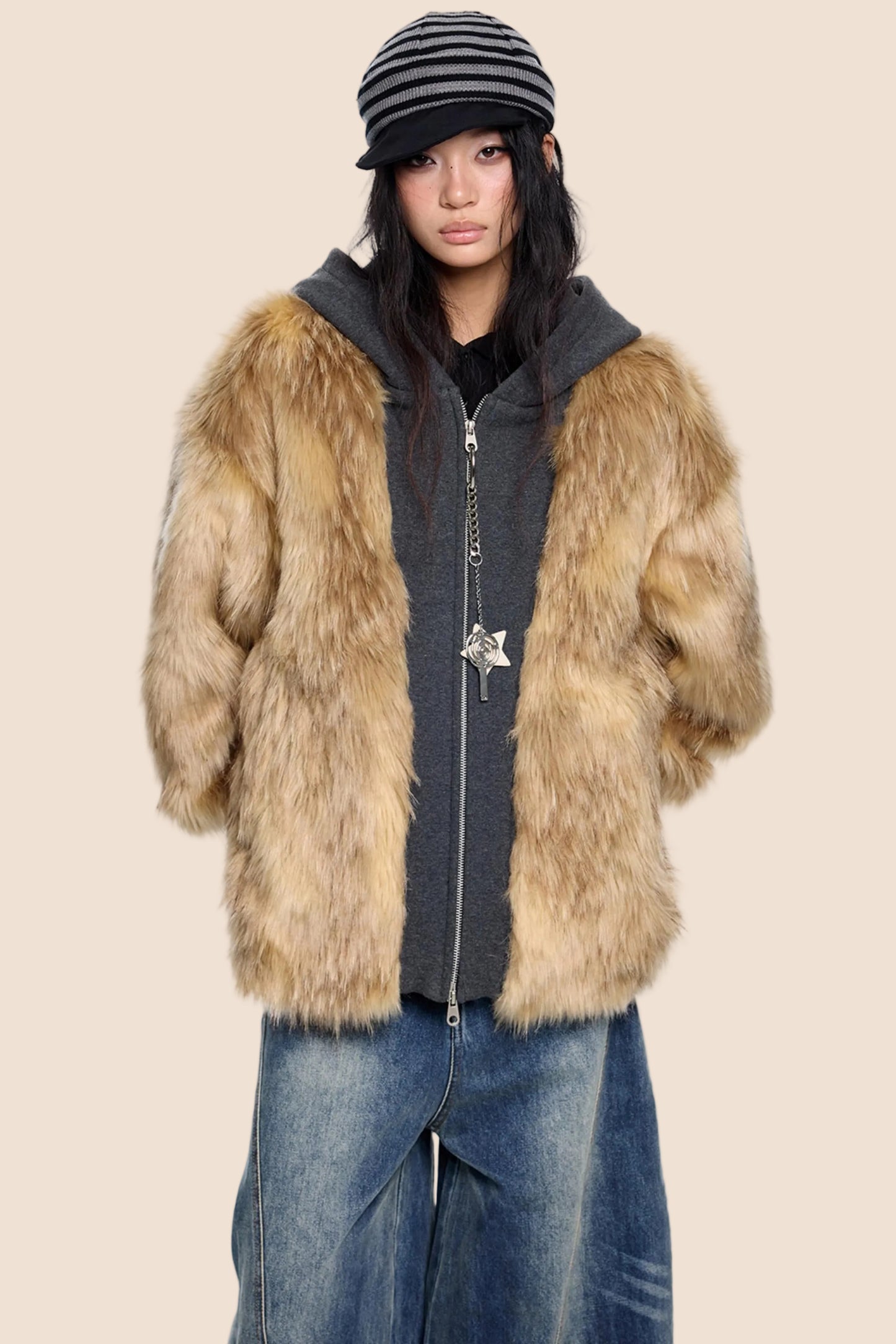 Fur Patchwork Hooded Cardigan