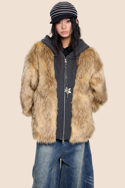 Fur Patchwork Hooded Cardigan