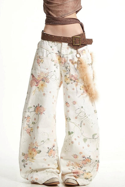 Vintage Floral Embroidery Wide-Leg Jeans