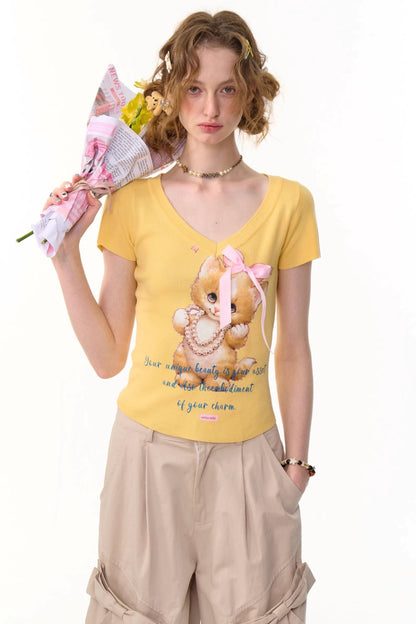 Cat Print V-Neck T-Shirt