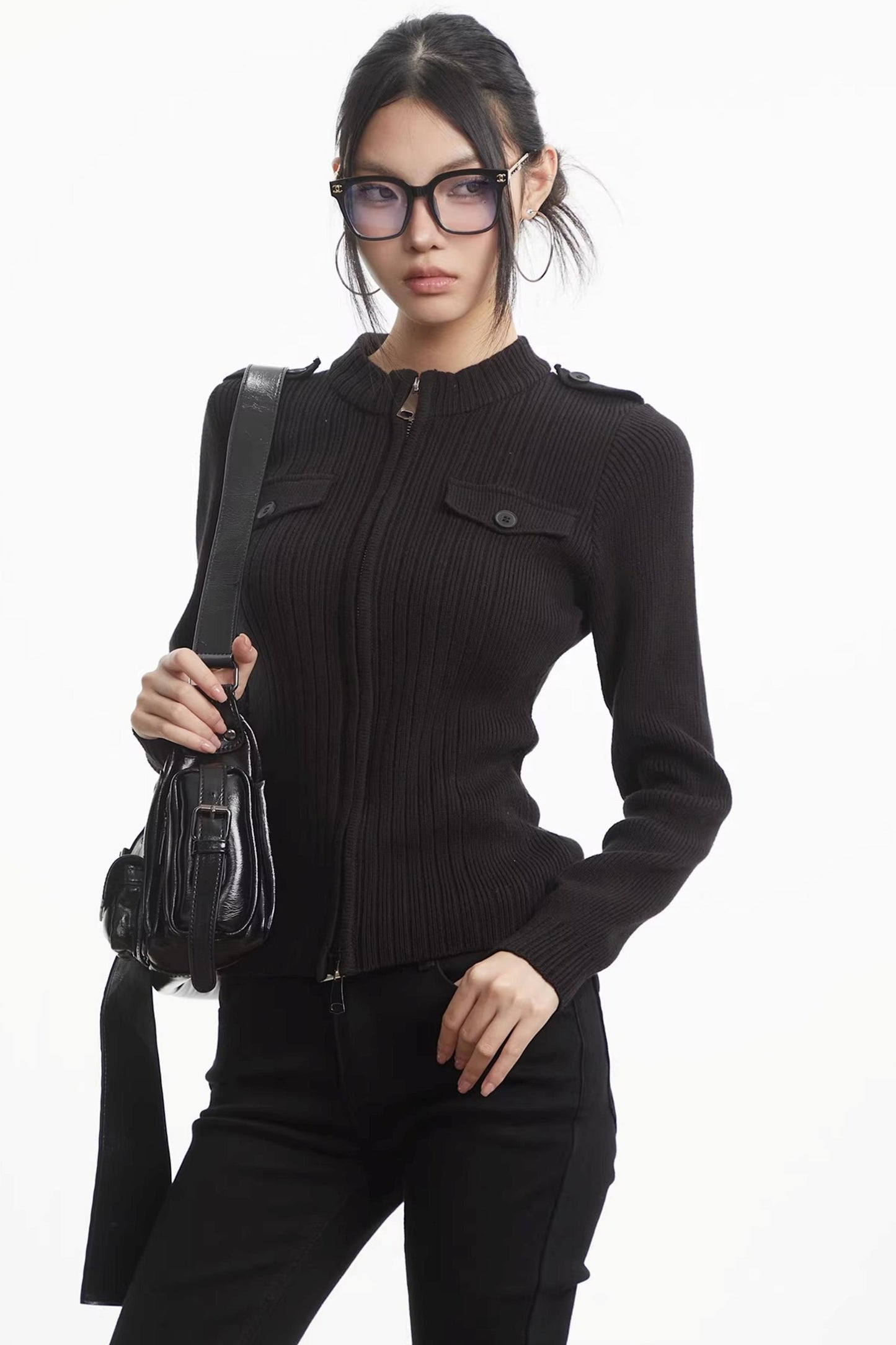 Knit Stand-Up Collar Cardigan