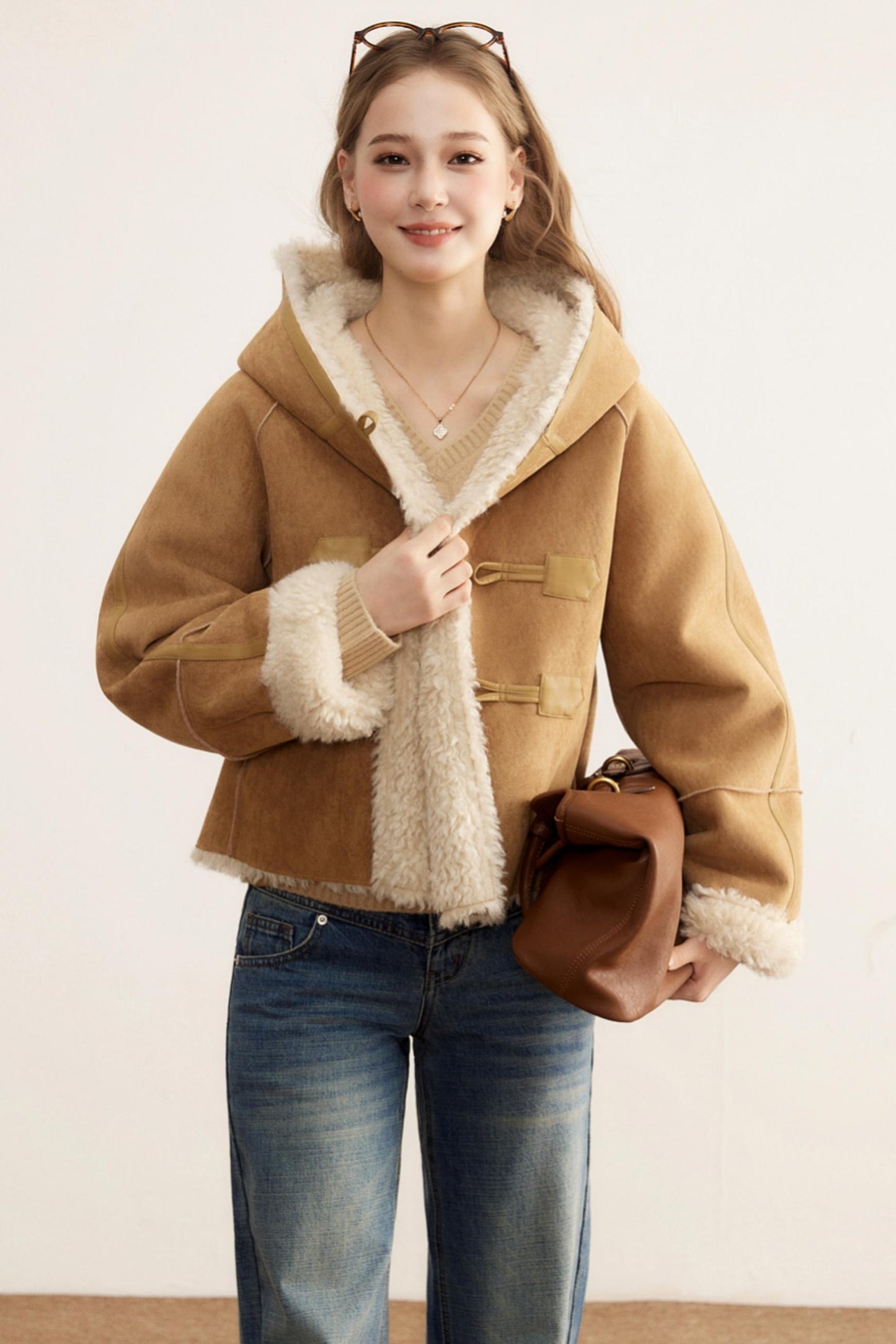 Short Suede Hooded Brown Jacket