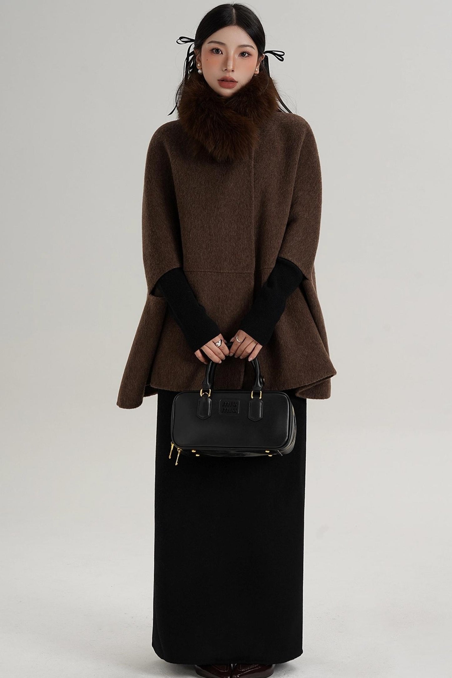 Elegant Fox Fur Wool Cape Coat