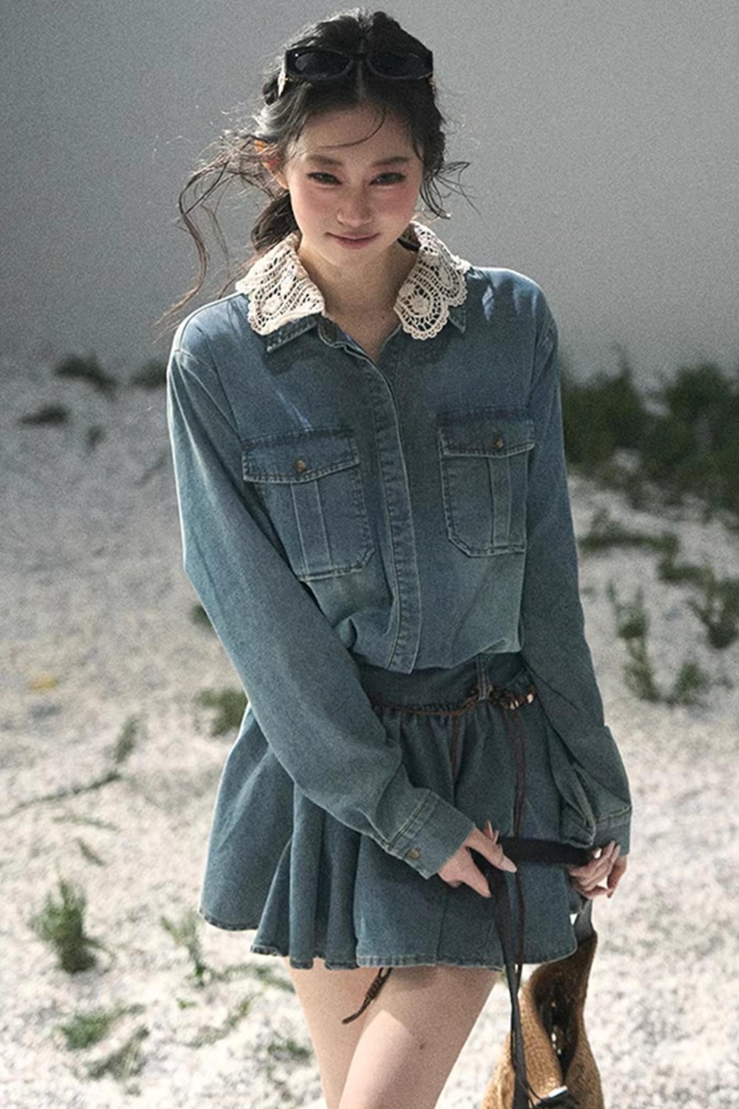 Eye-Catching Lace Collar Dress Set