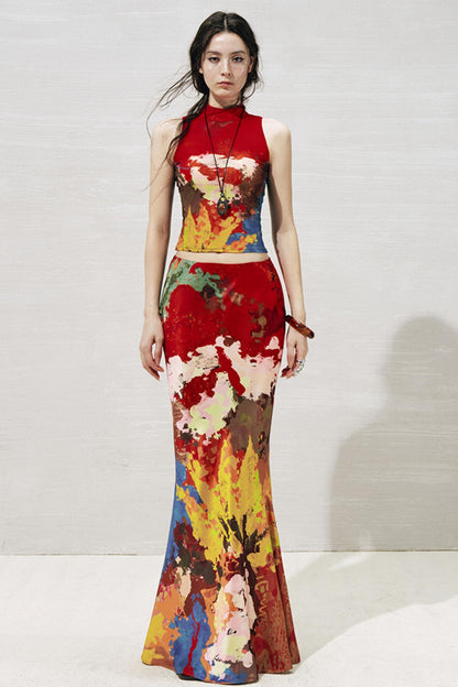 Artistic Contrast Vest Skirt Set