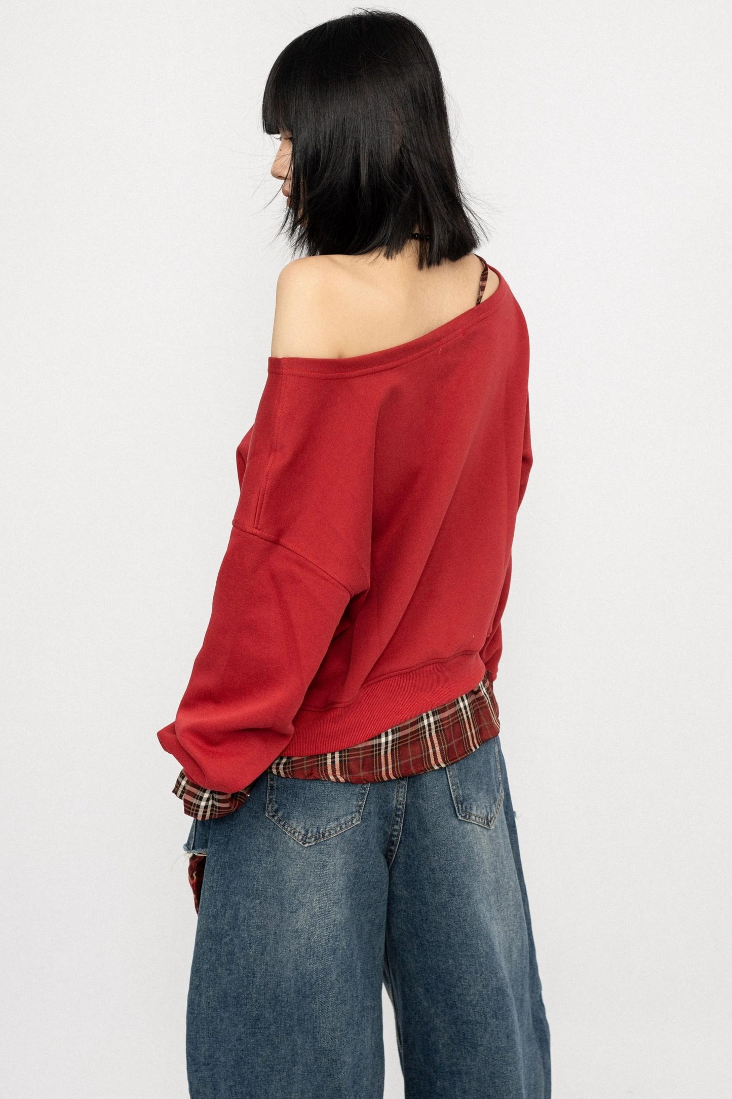 Vintage Plaid One-Shoulder Sweatshirt