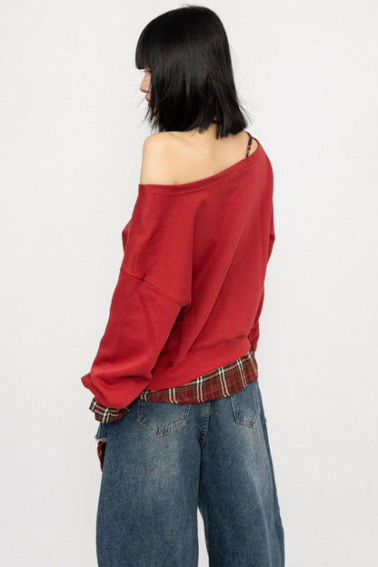 Vintage Plaid One-Shoulder Sweatshirt