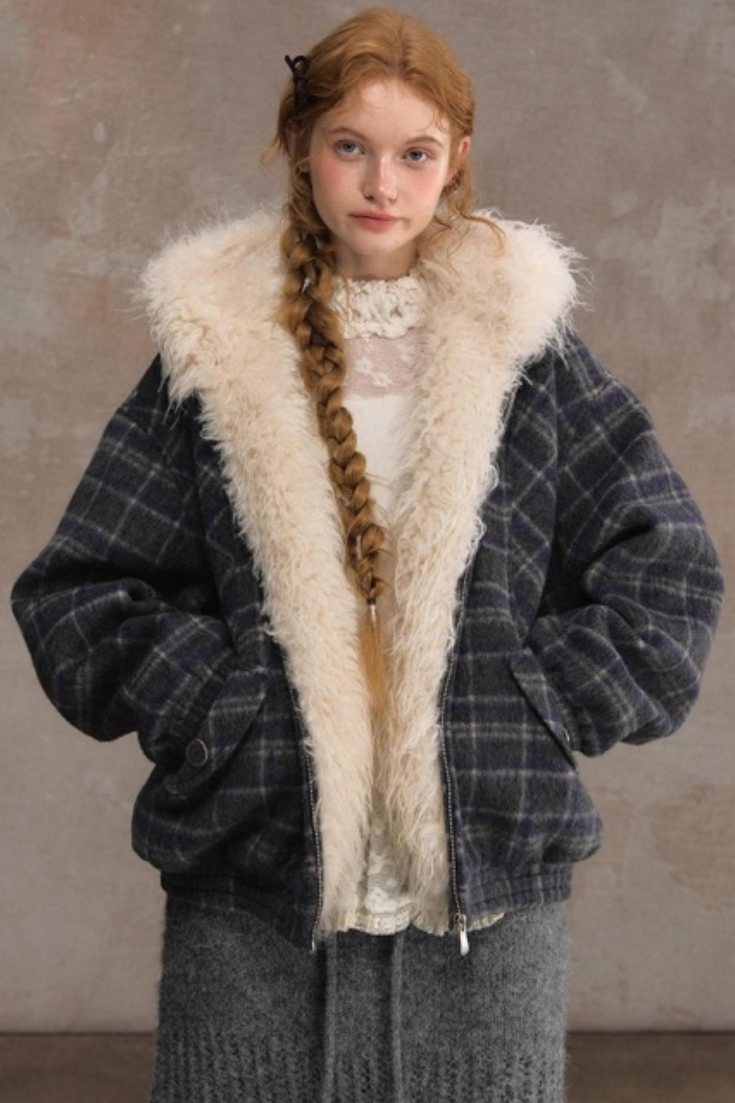 Elk Fur Collar Plaid Woolen Jacket