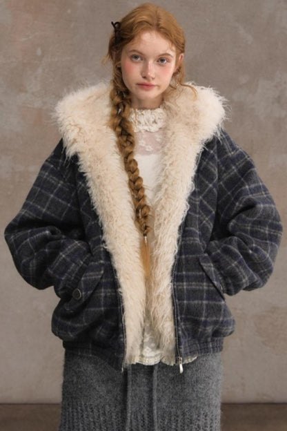 Elk Fur Collar Plaid Woolen Jacket