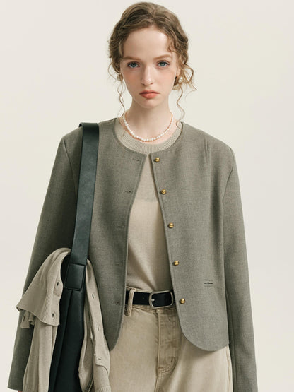 Short French Round Neck Jacket With Vest Set-Up