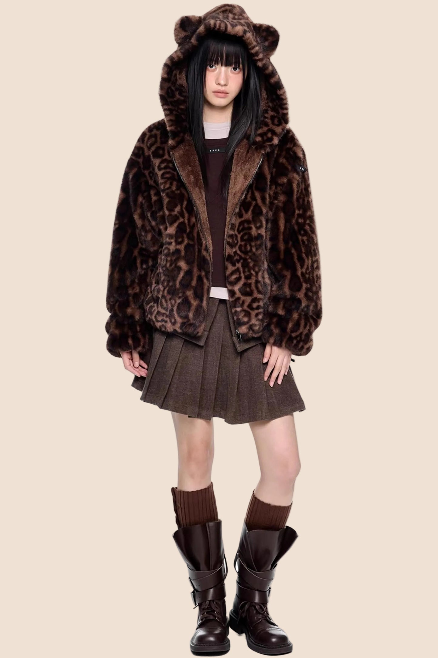 Leopard Print Hooded Furry Cotton Jacket