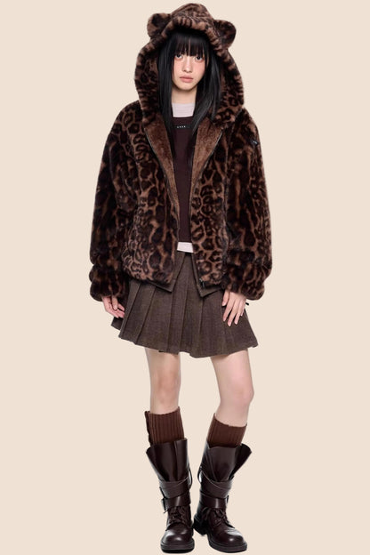 Leopard Print Hooded Furry Cotton Jacket
