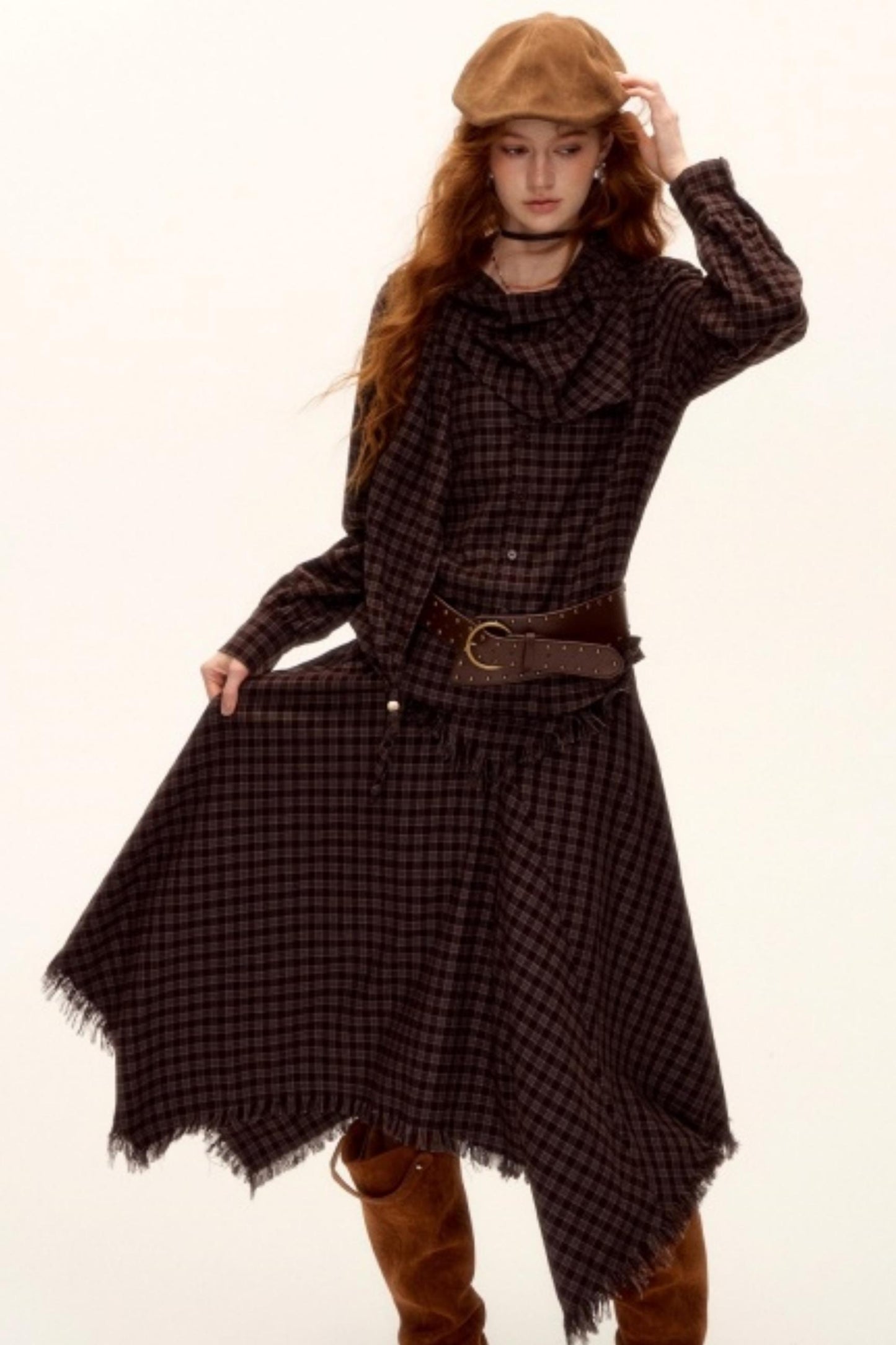 Frayed Hem Plaid Midi Skirt Belt Set