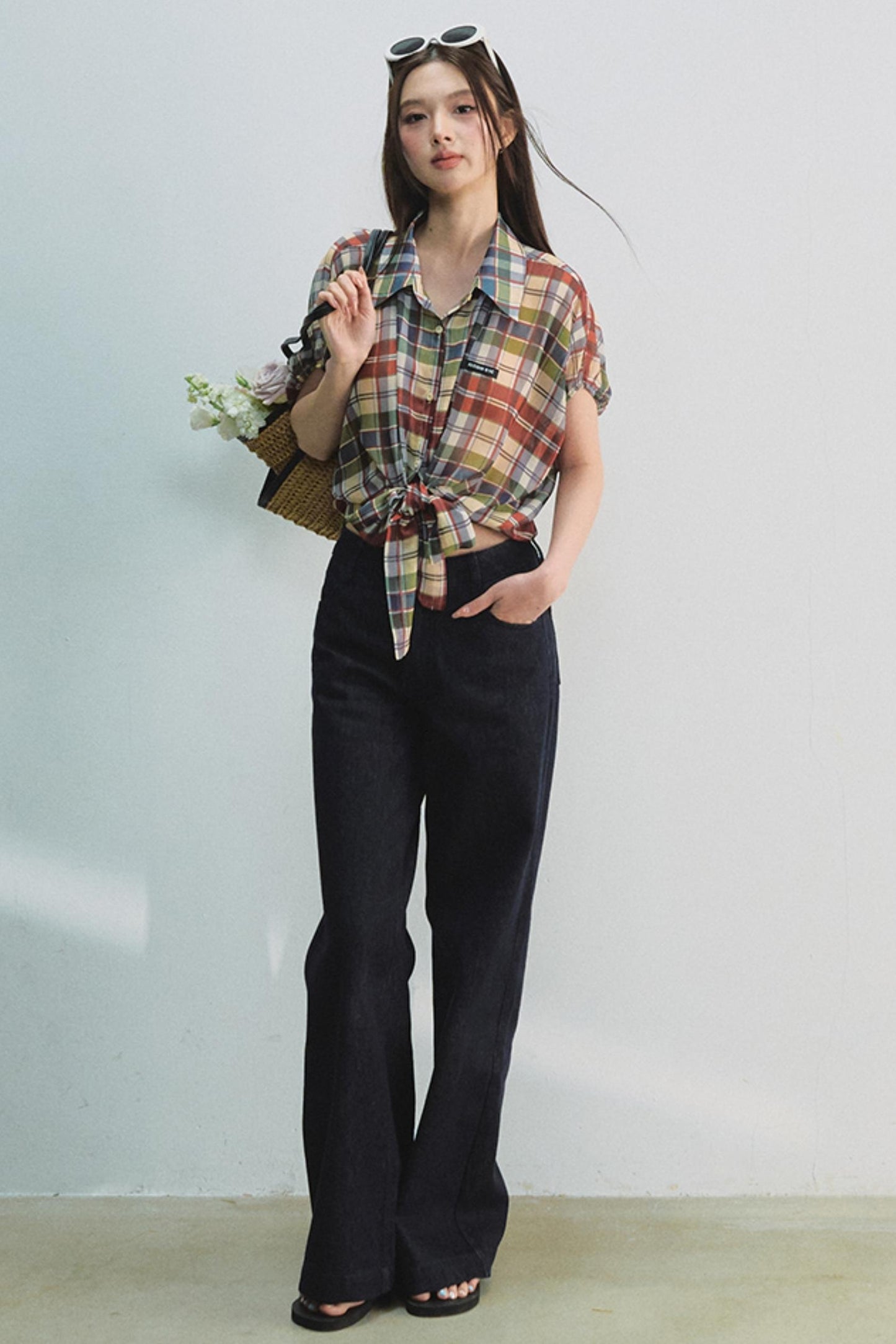 Plaid Tie Top & Midi Skirt Set-Up