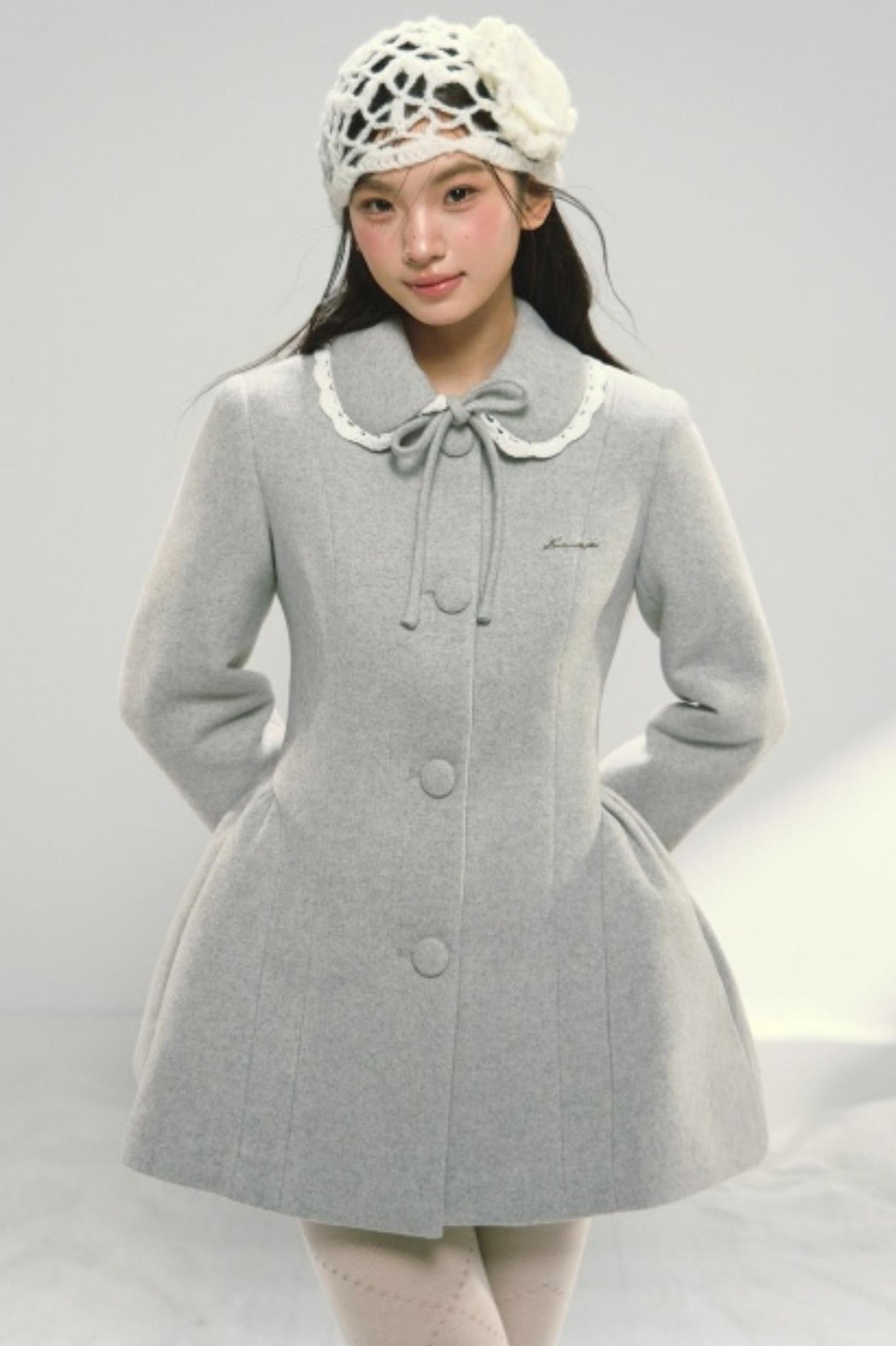Light Gray Woolen Bow Coat