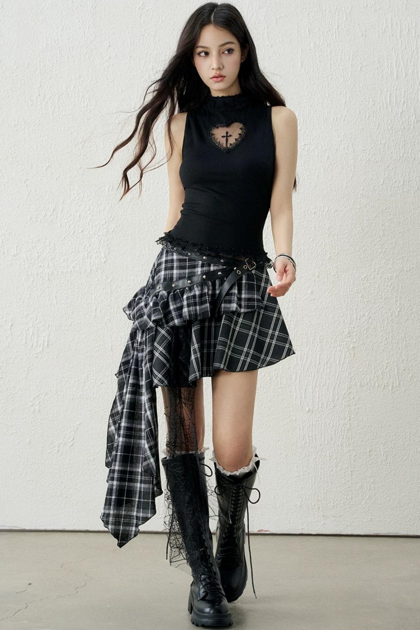 Irregular Hem Plaid Short Skirt