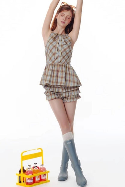 Salt Orange Plaid Ruffle Shorts