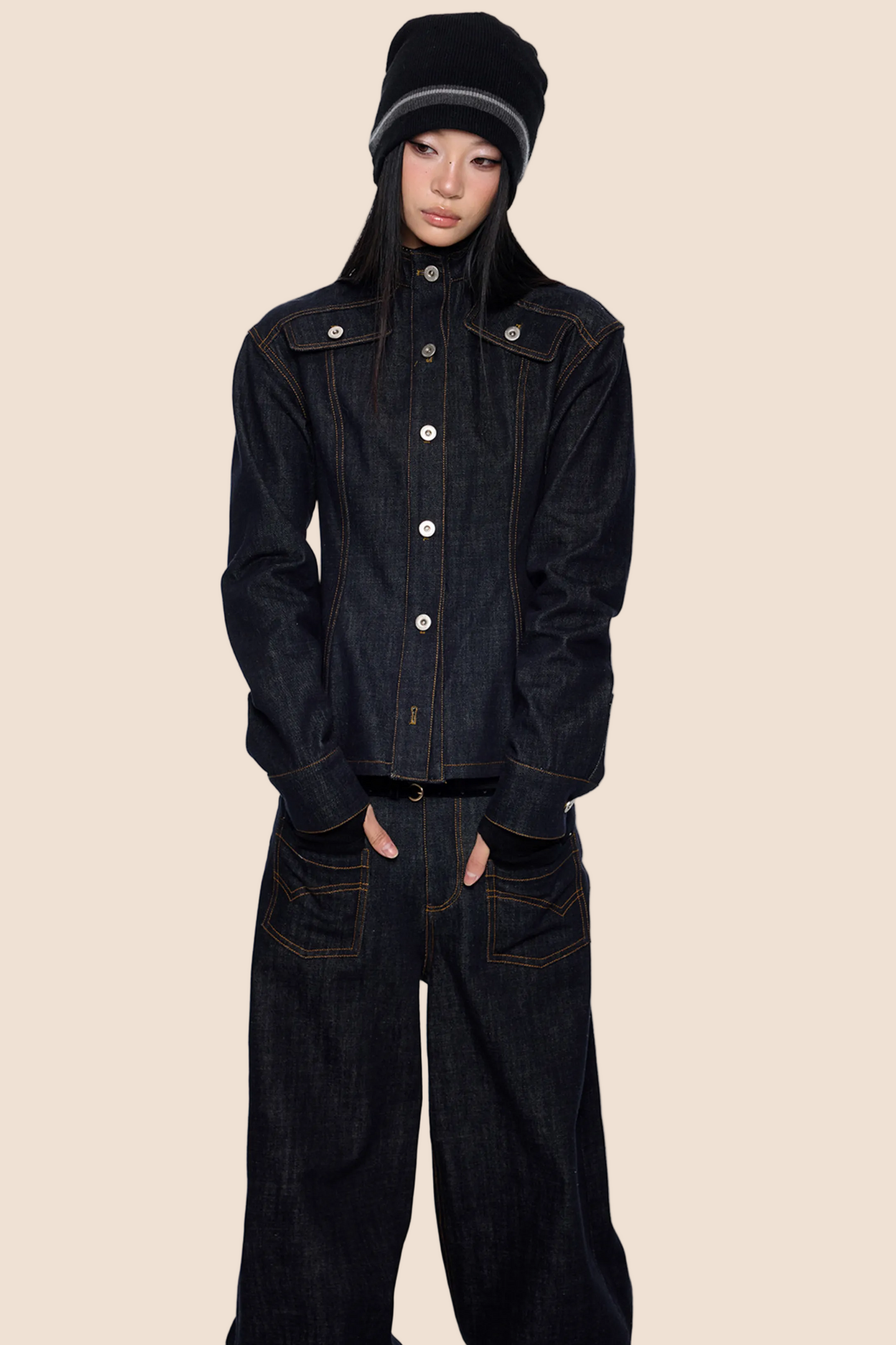 Wide-Shoulder Denim Jacket Set-Up