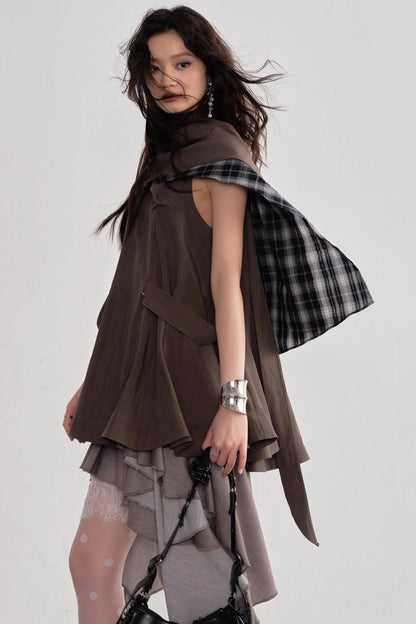 Earth-Toned Detachable Cape Dress